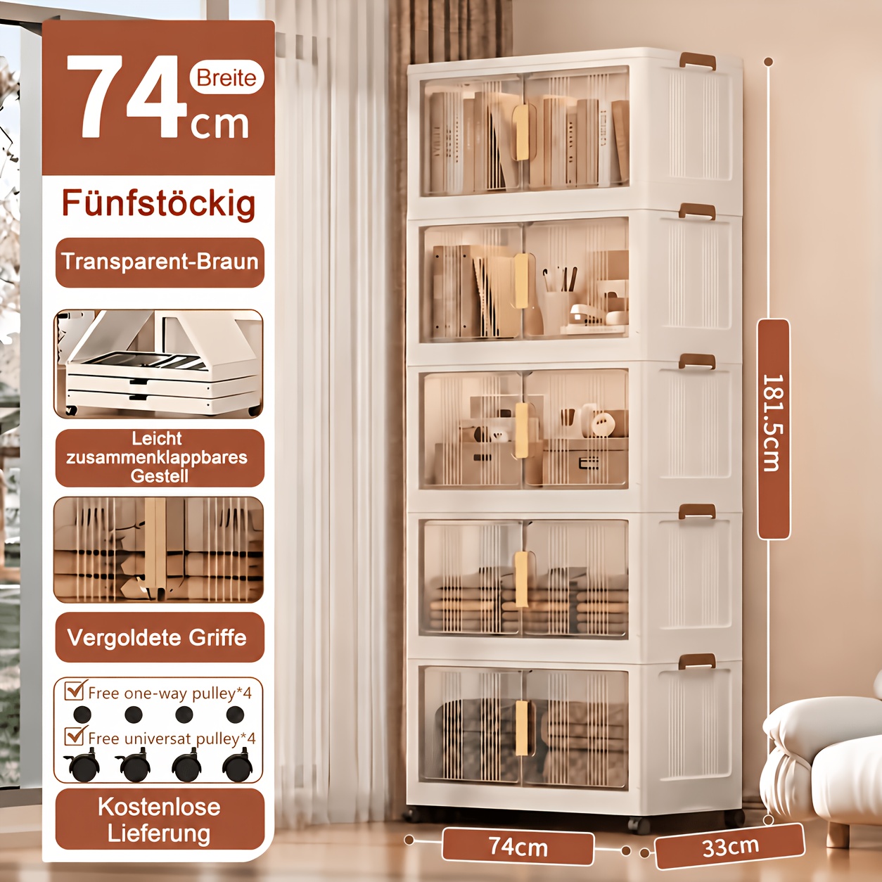 TEMU Foldable Storage Cabinet With Wheels And Doors - Extra Large Capacity, For Bedroom, Closet Organization For Clothes, Documents, - Plastic