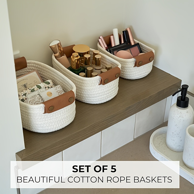 5pcs Elegant Jute Storage Baskets - Durable Cotton Rope Design, Perfect for Organizing Home Decor, Baby Room, or Bedroom, Multipurpose Use, Home Organization | Decorative Storage | Durable Construction, Storage Bins, Shelf Baskets