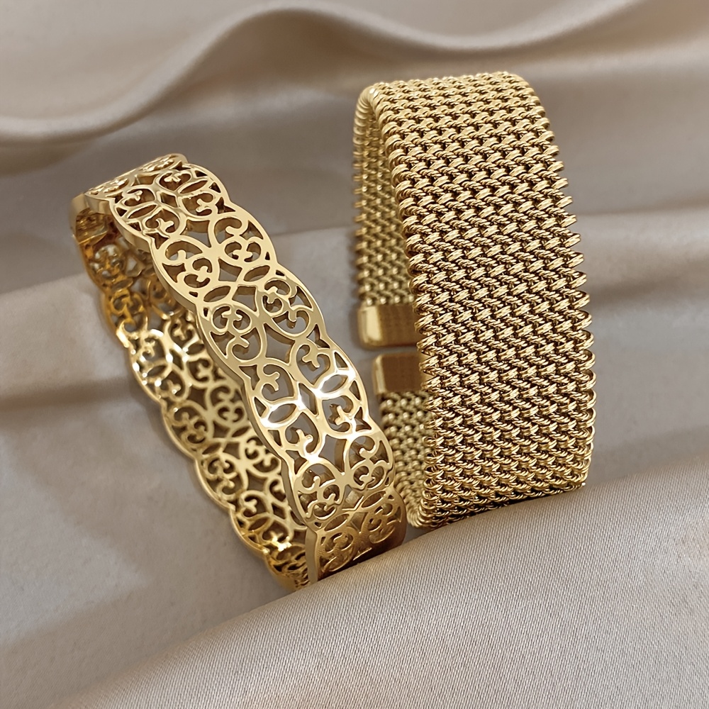 TEMU Lot de 2 bracelets manchetons en acier inoxydable 316 plaqué or 18K, avec fleurs ajourées et tissage en , bijoux étanches et superposables, pour