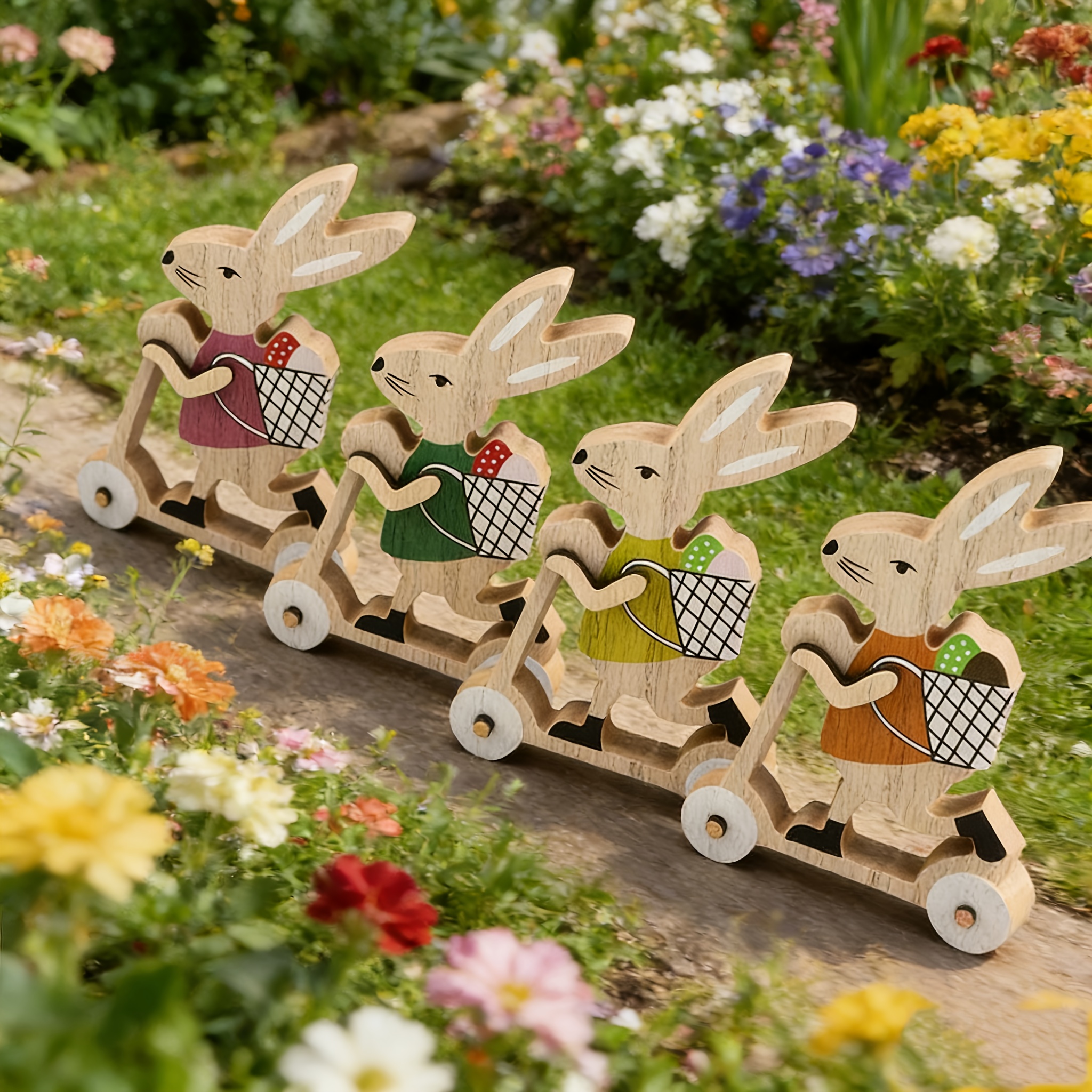 Image of 2pcs Random Color Wooden Ornaments, Easter Party Cute Rabbit Riding With A Basket On Its Back, Small Bunny Animal Figurines, Wooden Crafts