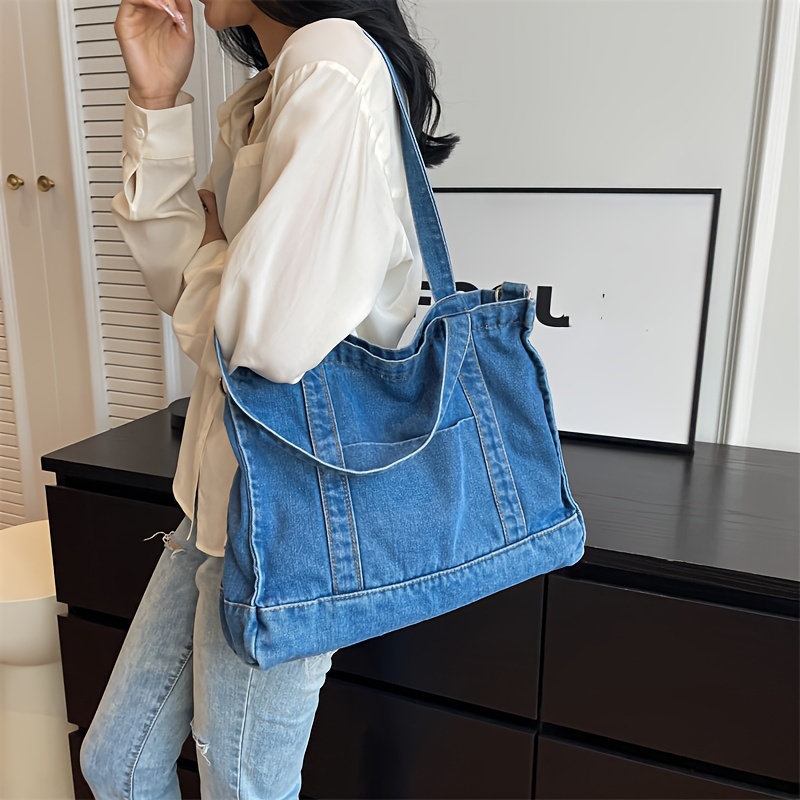 

Oversized Denim Tote Bag For Women, Casual Vintage Purse With Detachable Crossbody Strap And Elegant Top Handles, Washed Jean Fabric Shoulder Handbag, Daily Carryall