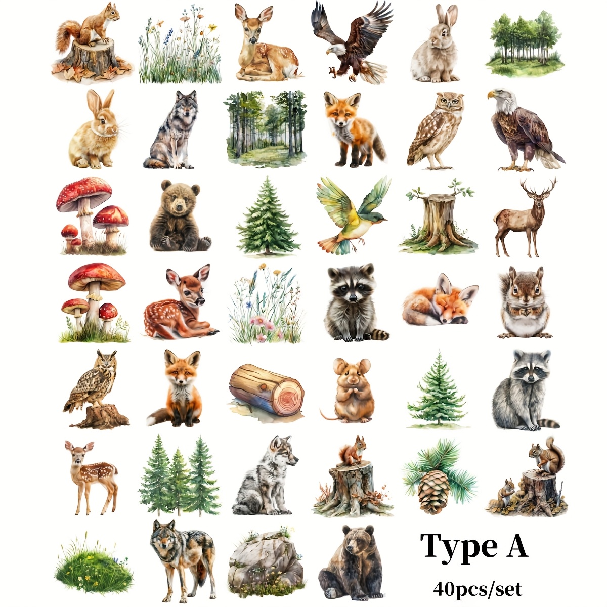 E-shop 40 Stück/Set 2D/Flache Kreative Handgemachte Retro Waldtiere Hochwertige Aufkleber für Scrapbooking, Tagebuchdekoration, Hirsch, Bär, Fuchs,