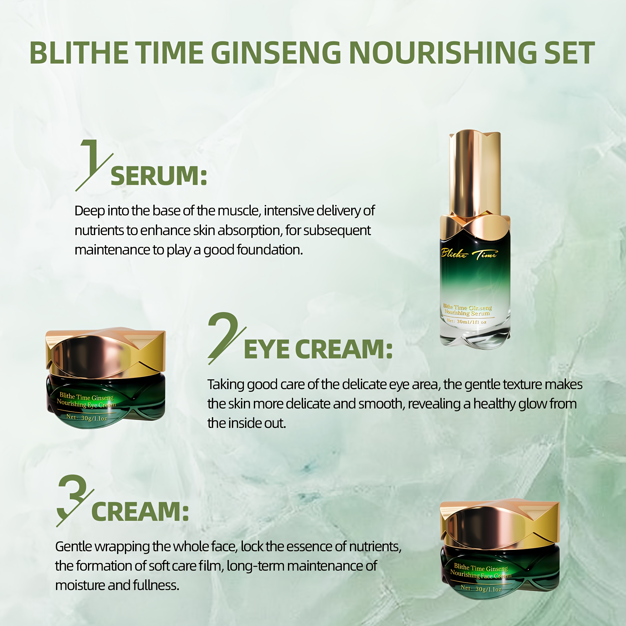 Blithe Time GINSENG HRANJIVI SET OD 4 KOMADA, SADRŽI KREMU ZA LICE, KREMU ZA OČI, ULJE ZA LICE, ŠTAPIĆ ZA MASAŽU LICA, SADRŽI EKSTRAKT KORENJA GINSENGA I DRUGE BILJNE EKSTRAKTE, ZATEŽUJE SVJETLO BEŽ TON, SET ZA NJEGU KOŽE ZA ŽENE, ČINI SVJETLO BEŽ TON MLAĐIM