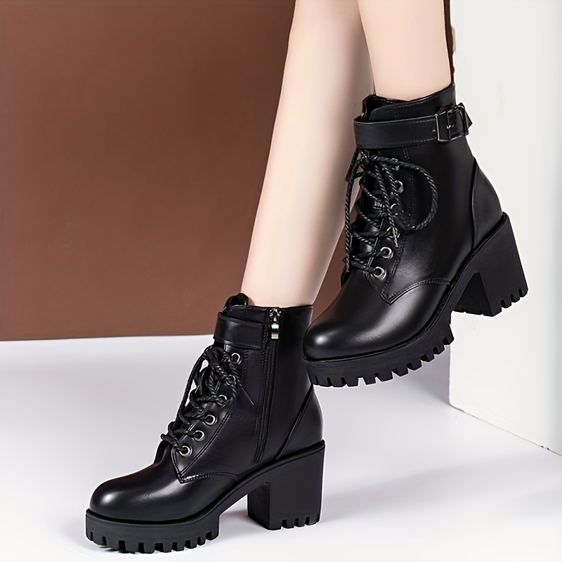 womens fashion chunky heel ankle boots with belt   and side zipper lace   heeled platform booties