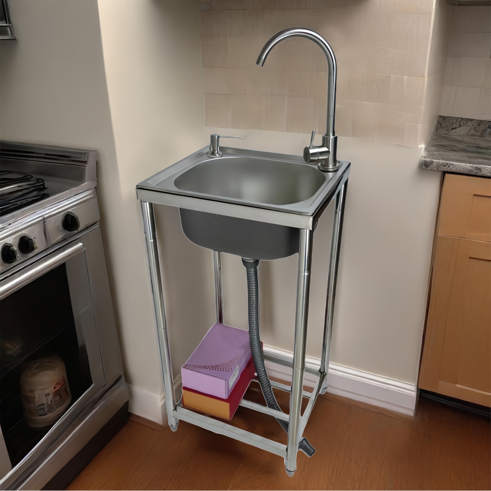 Image of Single Bowl Kitchen Sink, Stainless Steel Freestanding Round Tube Sink, Convenient Mobile Sink With Faucet, Suitable For Rvs, Garages, Gardens, And Camping.