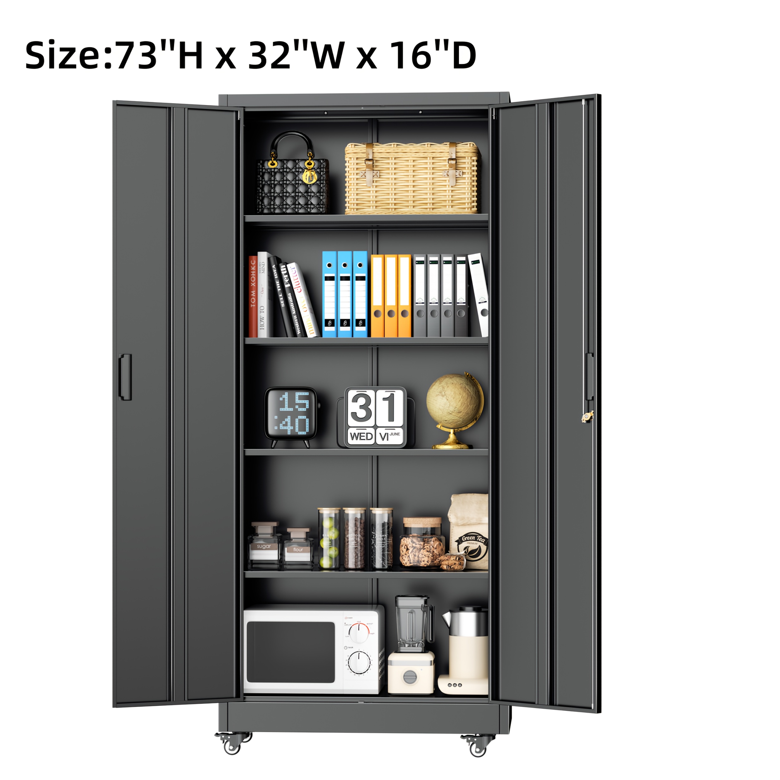 TEMU Metal Storage Cabinet, 73"/72" H Garage Storage Cabinet With Wheels, Locking Heavy-duty Storage Cabinet With 4 Adjustable Shelves For Home