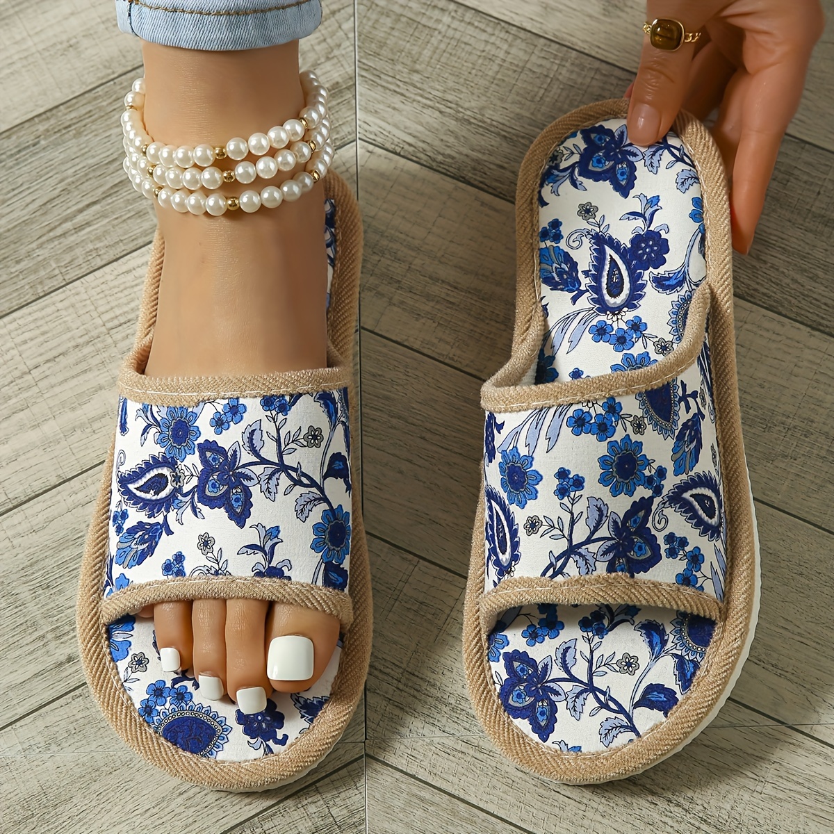 

Blue Floral Pattern Linen Slippers, Breathable Soft Sole Open Toe Shoes, Comfy Indoor Floor Slippers