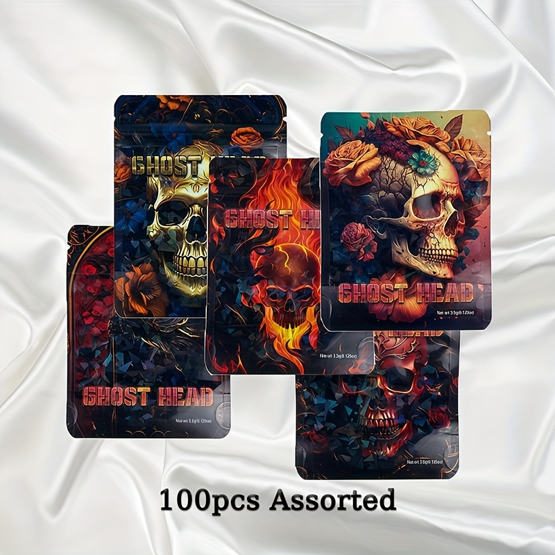 E-shop 50/100 Stück Mylar-Beutel mit Totenkopf-Motiv, wiederverschließbar