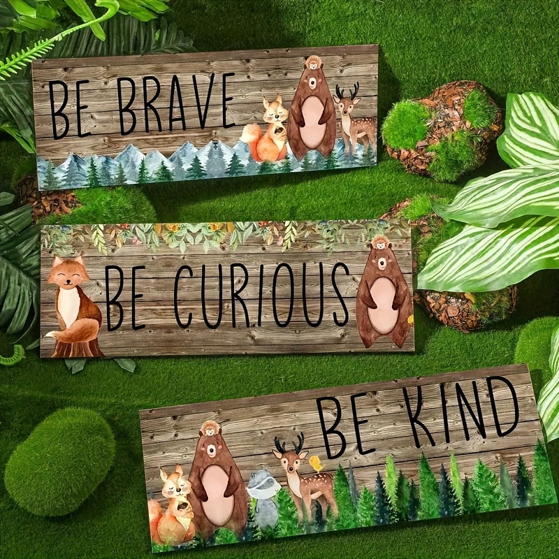 

3pcs/set, Woodland Animal Home Decoration, Woodland Animal Theme Painting Wooden Be Kind Brave Curious Sign Wall Art Forest Room Decoration Sign Wooden Sign