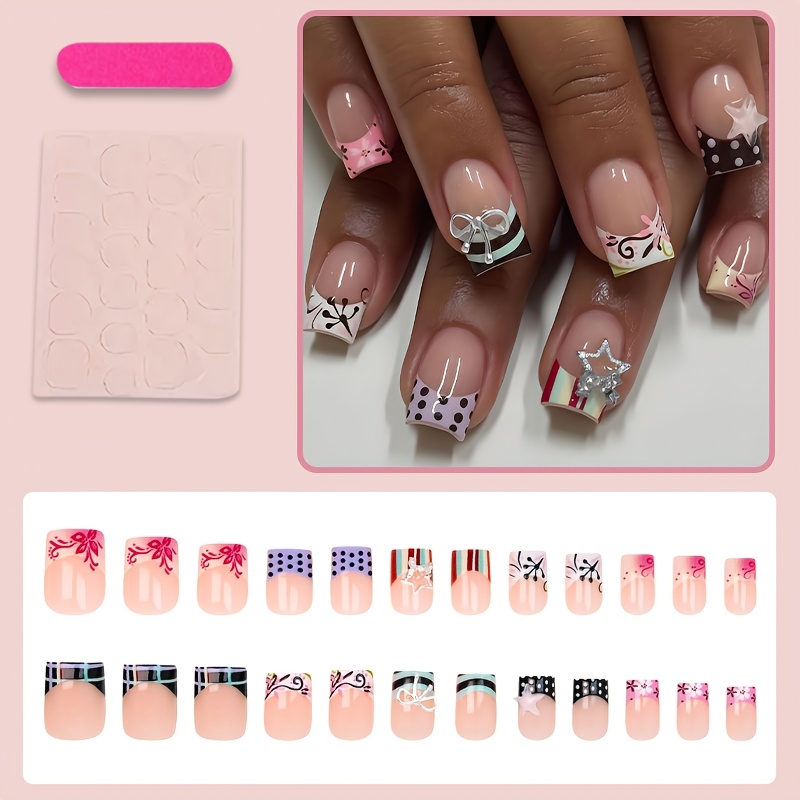 TEMU 24 Stück Medium Square Coffin Press-On Nägel, Süße Multicolor Tip Falsche Nägel mit Polka Dots, Blumendruck, Streifen, 3D Schleife und Stern