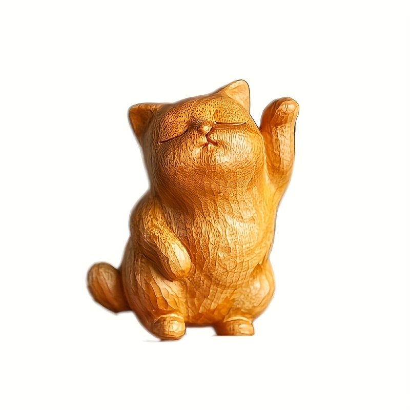 Image of A Handcrafted Wooden Cat Statue, A Cute Cartoon Cat, Home Decor Ornament, Wooden Craft, With A , A Creative Gift - No Electricity Required