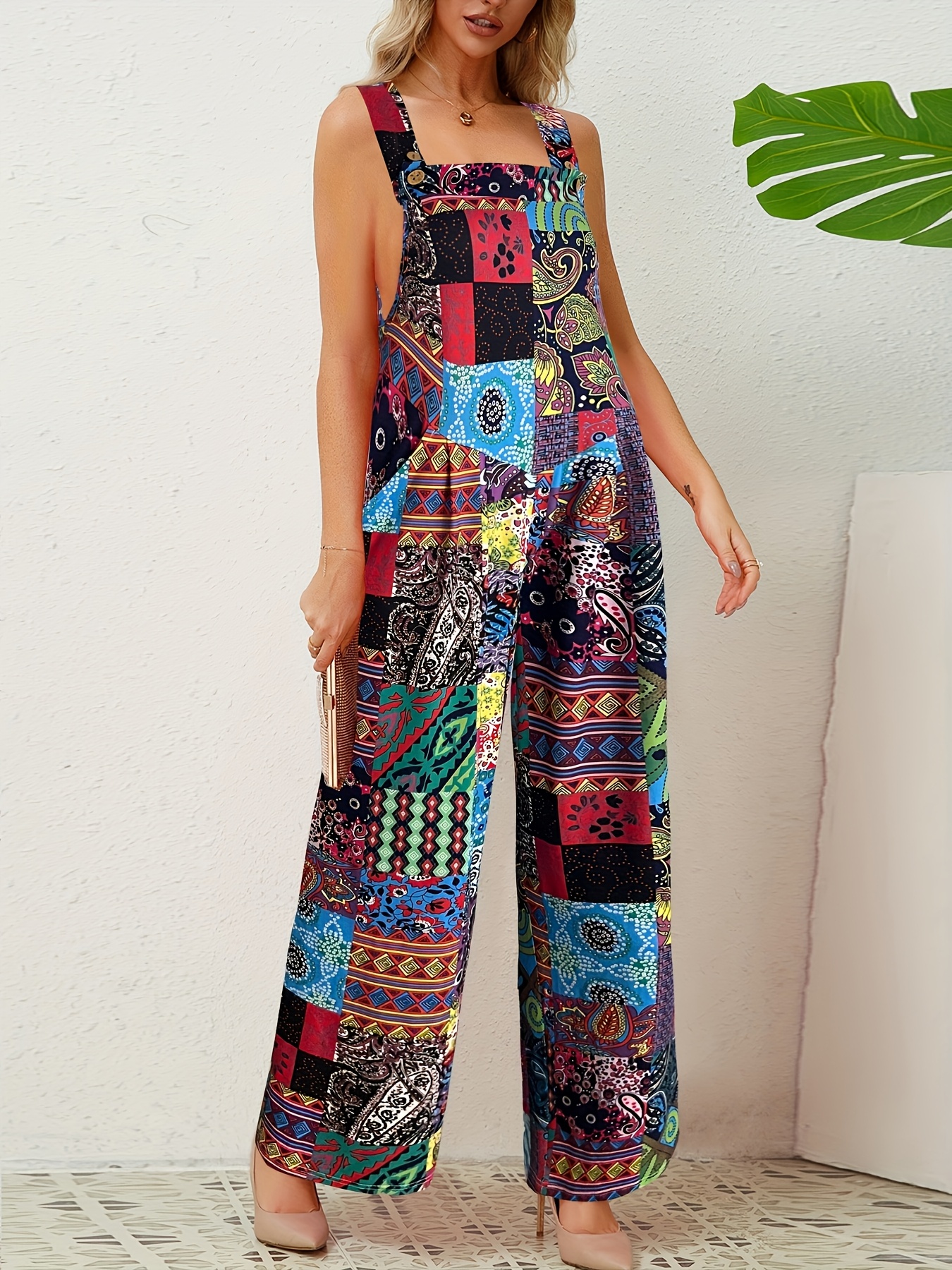 Print Pattern and Button Detail, Casual Weekend Wear, Romper Jumpsuit for Women, Loose Fit Straight Leg Overalls with Print Pattern and Button Detail, Casual Weekend Wear, Romper Jumpsuit