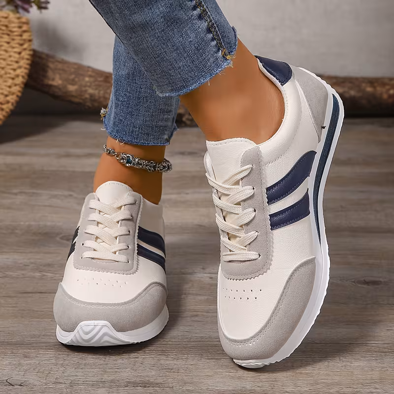 womens lightweight low top sneakers white with navy red accents synthetic cover upper eva cushioned sole casual shoes for running walking casual attire running shoes fabric lined interior Product details 1