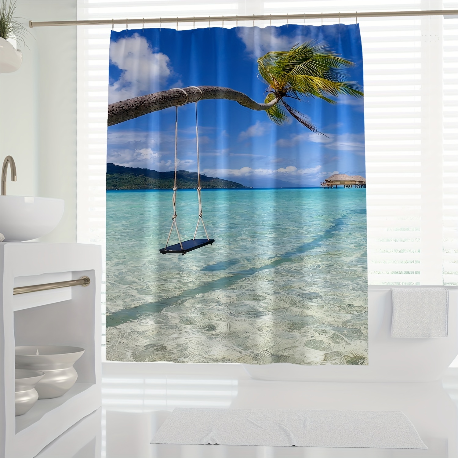 

1pc Tropical Beach Scenery Digital Print Shower Curtain, Modern European And American Style, Peaceful Ocean View Bath Decor, Waterproof Polyester Fabric