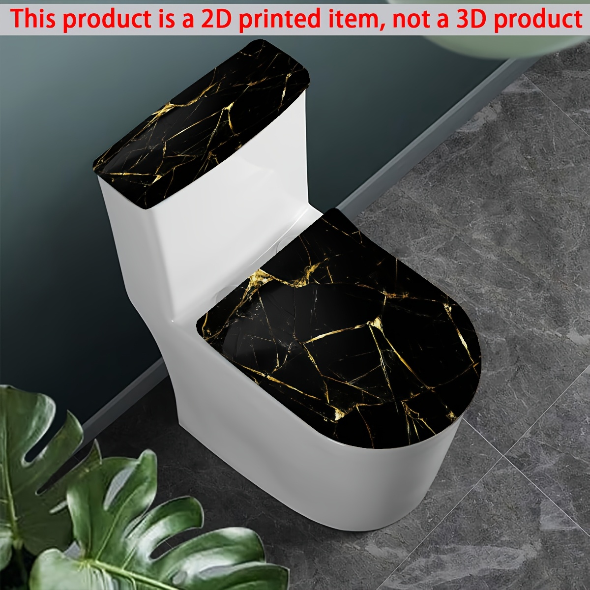 TEMU 1Set Zwarte Gouden Marmeren Toiletdeksel & Tankdeksel Set, 2D Niet-3D Print, Volledige Elastische Deksel, Elastische Retractabele Deksel
