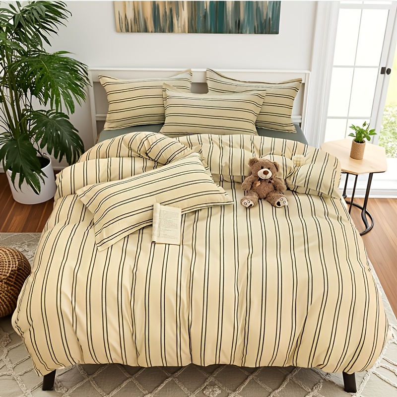 TEMU 1pc Modern Minimalist Nordic Style Olive Green Striped Print Brushed Down Comforter Cover, No Filling And Pillowcases