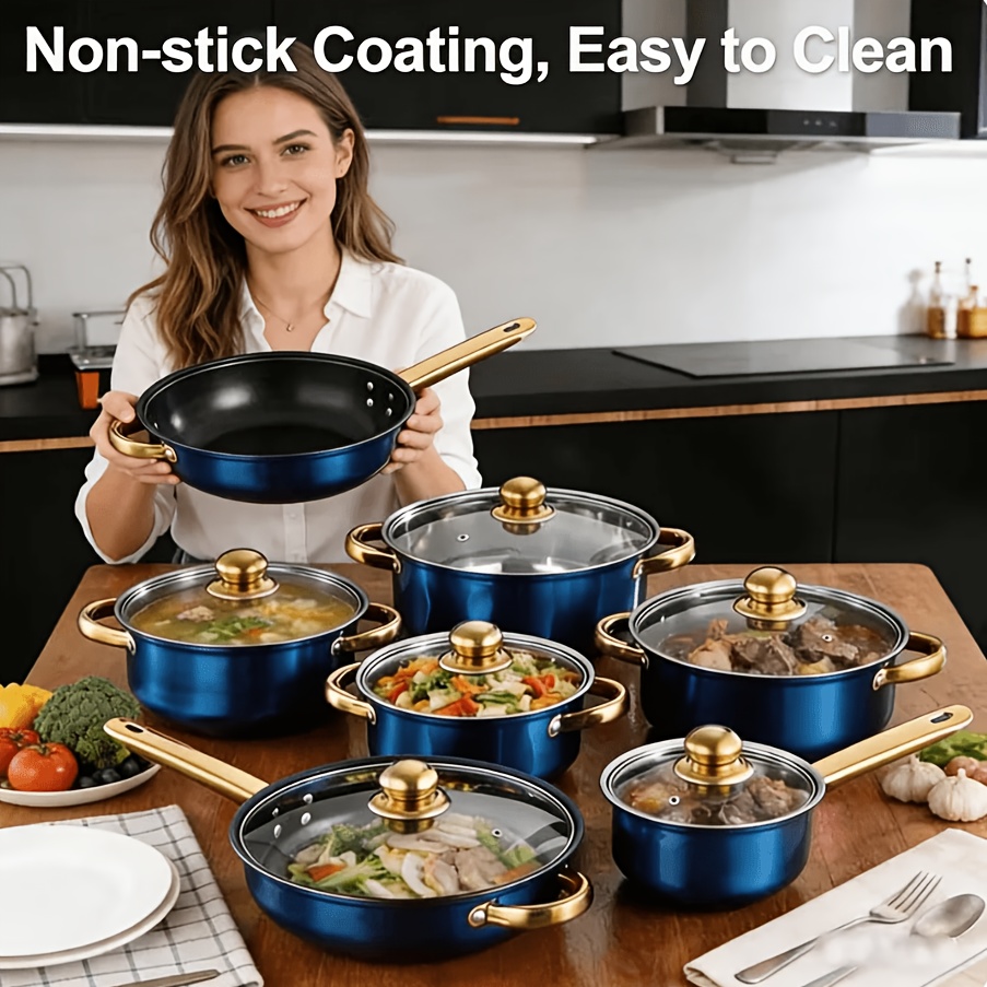 12pcs stainless steel cookware set with golden handles non   clean multi size pots and pans for induction gas ceramic stovetops durable and versatile for   and outdoor use