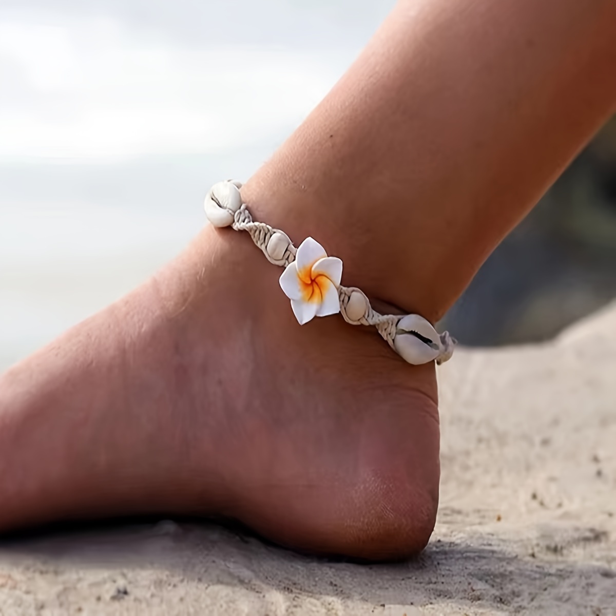 

Bohemian Style Handcrafted Clay Flower Shell And Wooden Bead Anklet For Women, Adjustable, Beach-inspired Ocean Fashion Accessory