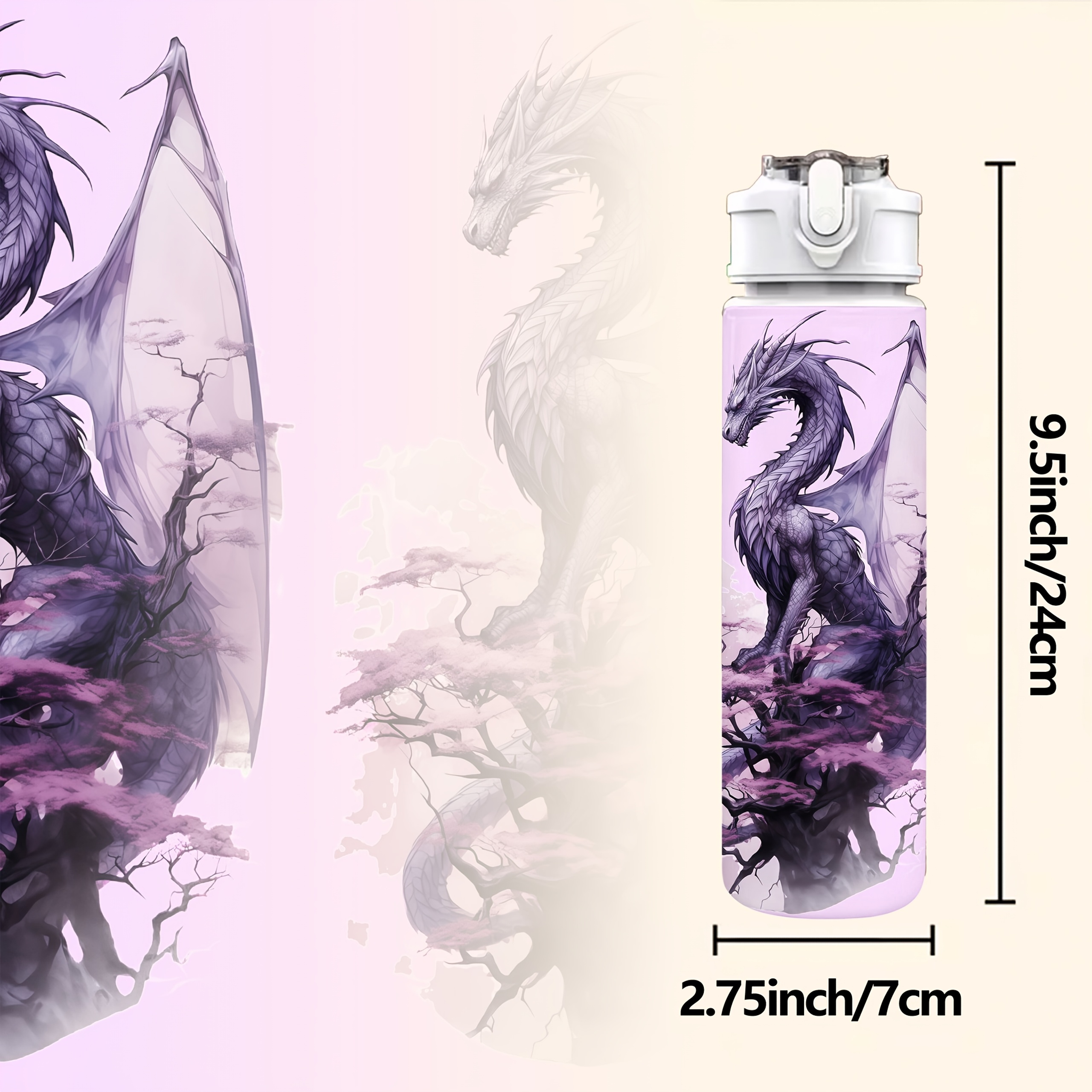 TEMU 1pc 750ml/26oz Plastic Sports Water Bottle With Purple Dragon Print | Leak-proof, Pop-up Cap, Lightweight, Durable, Large Capacity, Reusable,