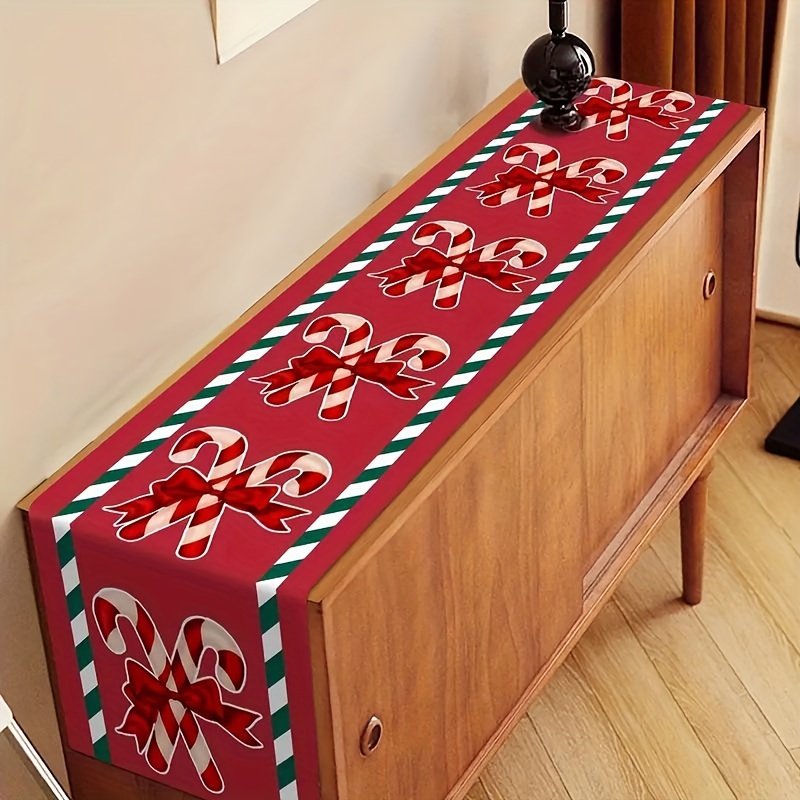 

1pc, Christmas Candy Cane Table Runner, Polyester Tabletop Decor With Red For Home Decor, Seasonal Celebrations And Gift