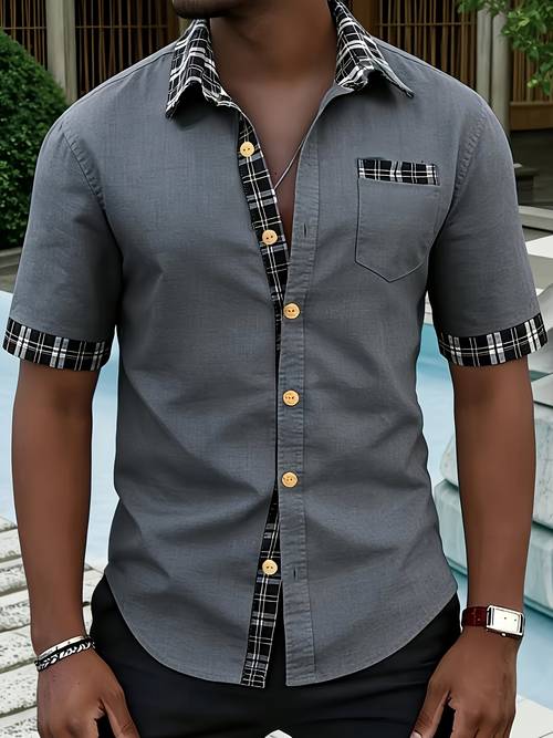 mens casual short sleeve shirt contrast color lapel fashionable and versatile shirt