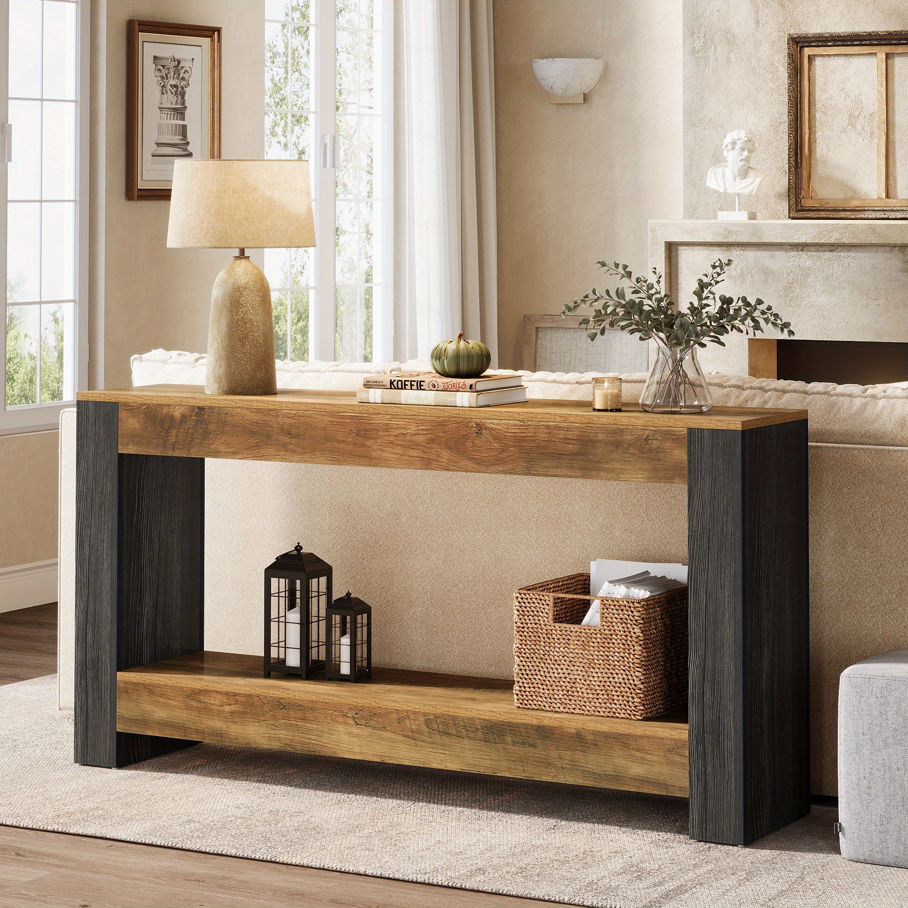 63-inch Rustic Farmhouse Console Table - Rustic Wood Sofa Table With Lower Shelf, Space- Entryway Table For Living Room, Hallway, Foyer - Easy Assembly