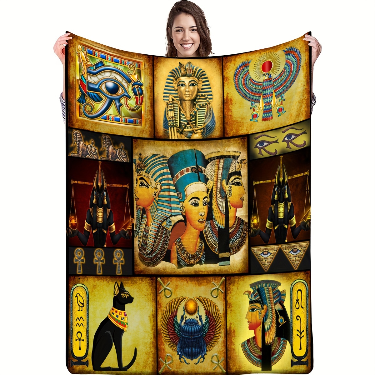 

1pc Egyptian Vibrant Retro Creative Stitching Soft Blanket Flannel Blanket Warm Nap Throw Blanket For Bed Sofa Couch