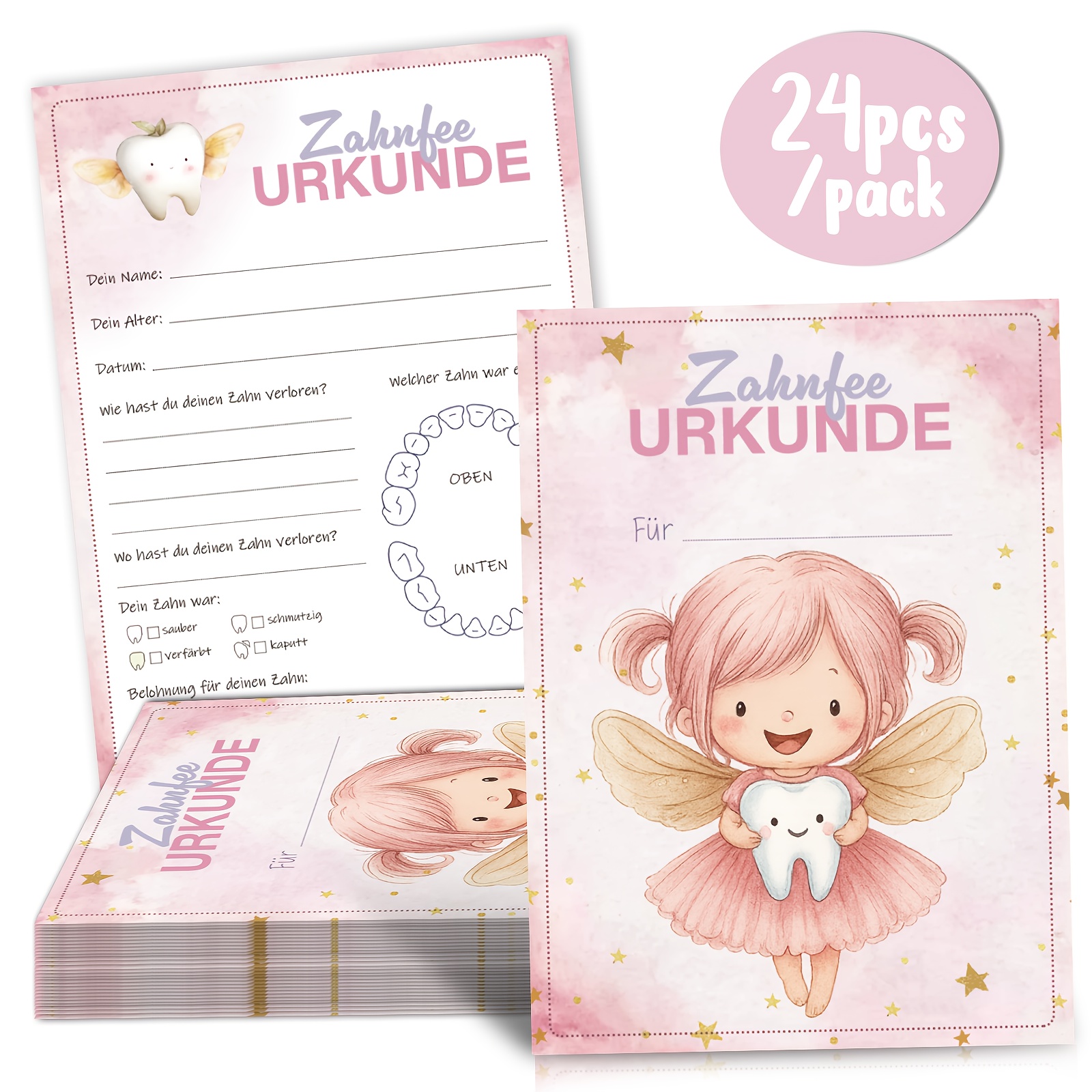 Image of 24 Beautiful Dental Certificate Cards Featuring Cartoon Designs To Commemorate Each Tooth Lost, , And Serve As A Collection Of Rewards For Children, Their Growth Stories