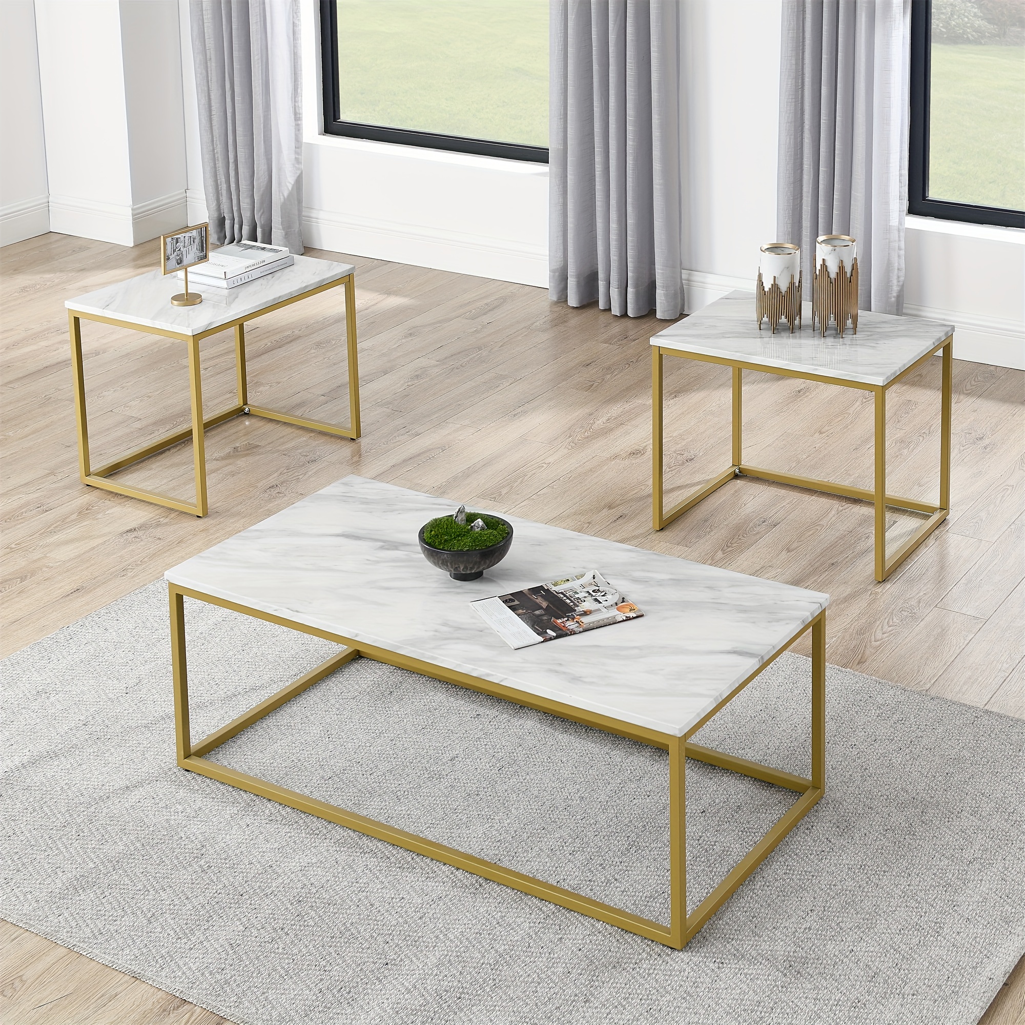 

3pcs/set White Faux Marble Coffee Table Simple Modern 1pc Coffee Tables With 2pcs Table For Living Room And Office, White Golden