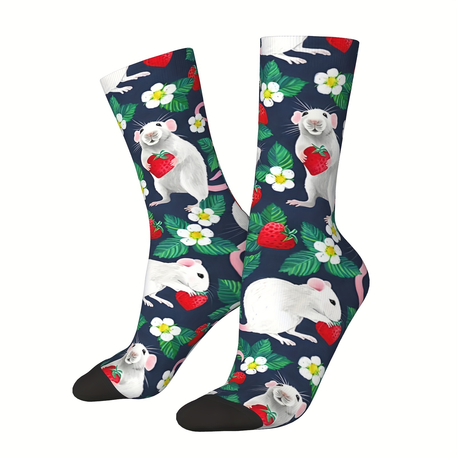 

1 Pair Of Unisex Harajuku Vintage Style Novelty Happy Funny Rats Love Strawberries Pattern Crew Socks, Trendy 3d Digital Printed Men Women Socks, Crazy Funny Socks For Gifts