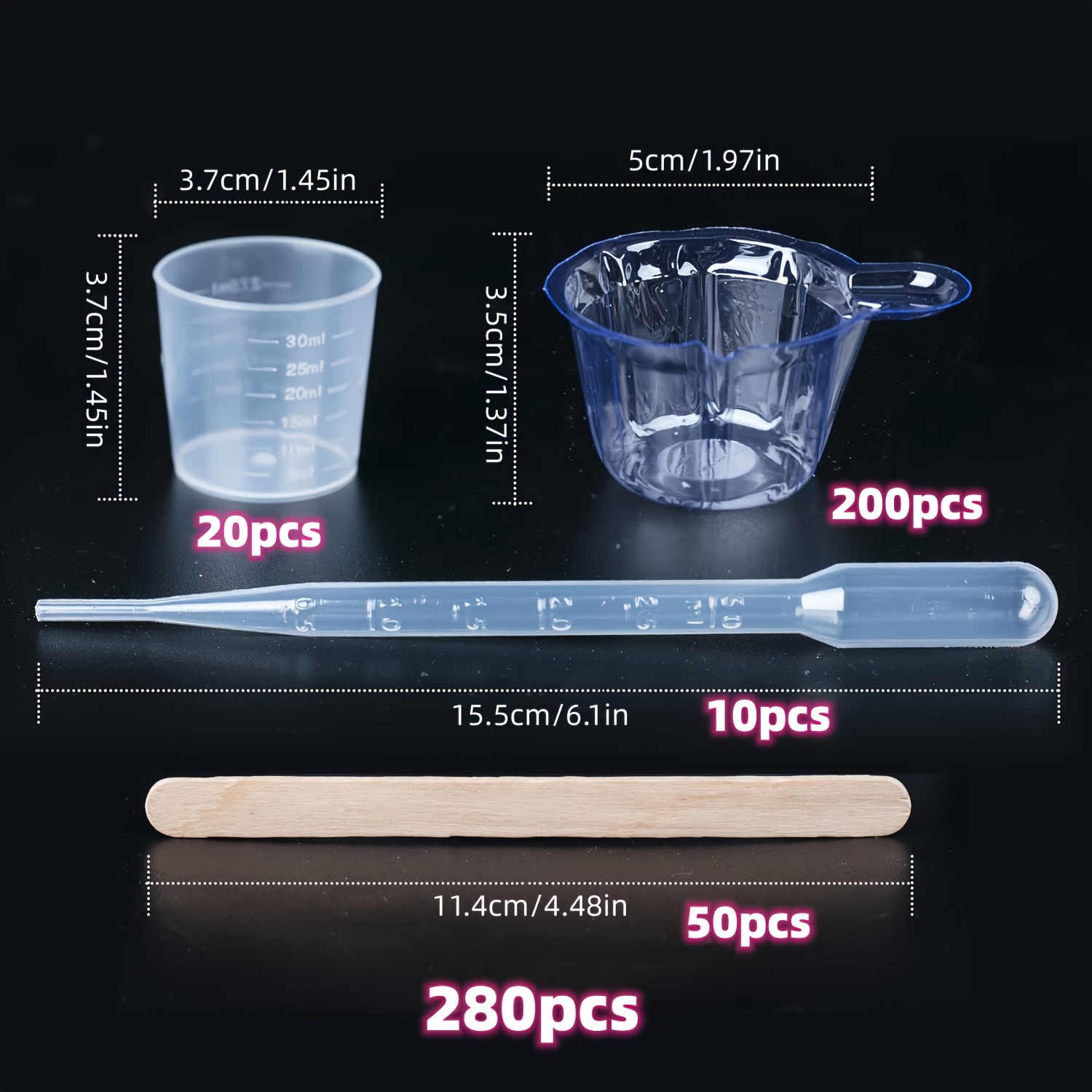Image of 280pcs Epoxy Resin Mixing Cup Set, Jewelry Casting Tool Kit, 200 Resin Mixing Cups, 20 Disposable Measuring Cups, 50 Wooden Stir Sticks, 10 Jewelry Making Droppers, For Diy Art Crafts