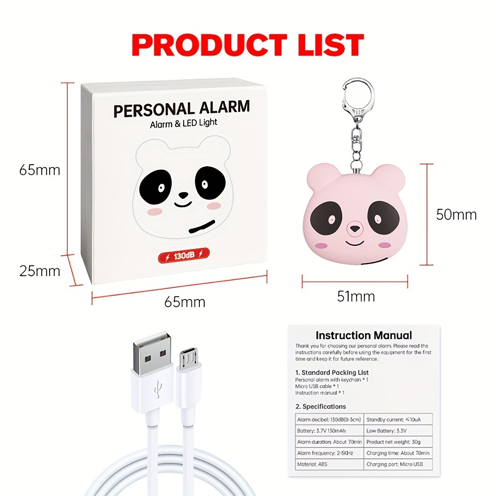 130db safety alarm rechargeable portable personal alarm cute panda backpack keychain pendant sos   device two alarm   3 colors Product details 7