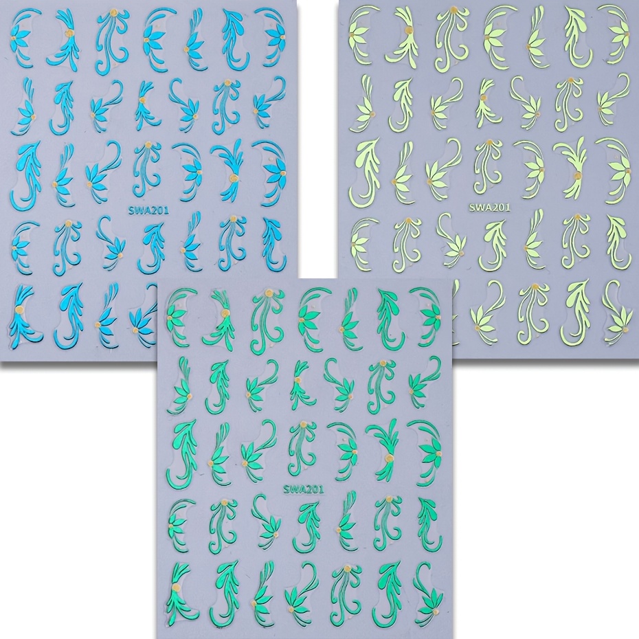 3 Sheets Of Spring And Summer Floral Nail Stickers - 3d Cherry Petal Bohemian Style Nail Decals For Decoration - Easy To Apply - Swa201 Light Green, Dark Green, Blue