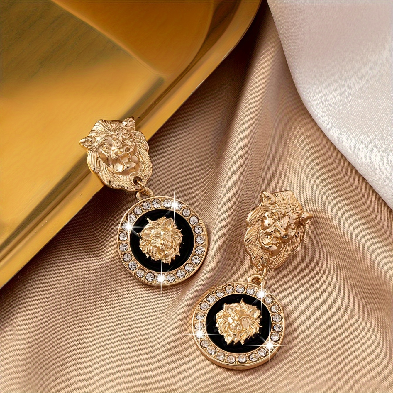 Vintage Lion Head Dangle Earrings with Gemstones