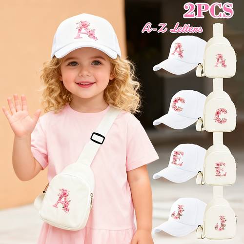 2pcs girls white trucker hat and waist bag set with 26 letter and print stylish trendy lightweight sun shading perfect as birthday holiday gift for spring summer outdoor activities hiking school and play