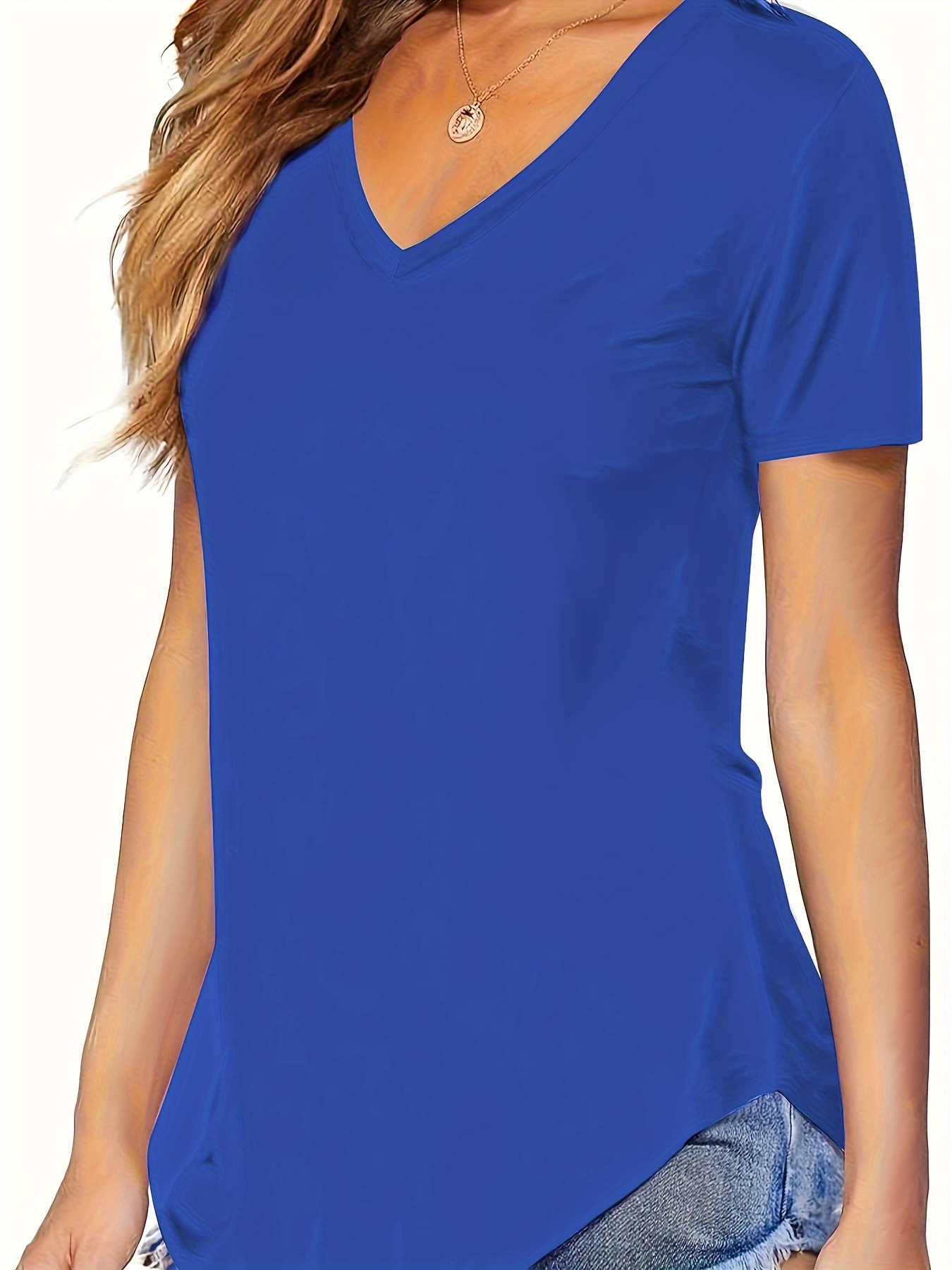 Solid Color Casual Short Sleeve T-shirt, V-Neck Running Sports Tee, Women's Activewear