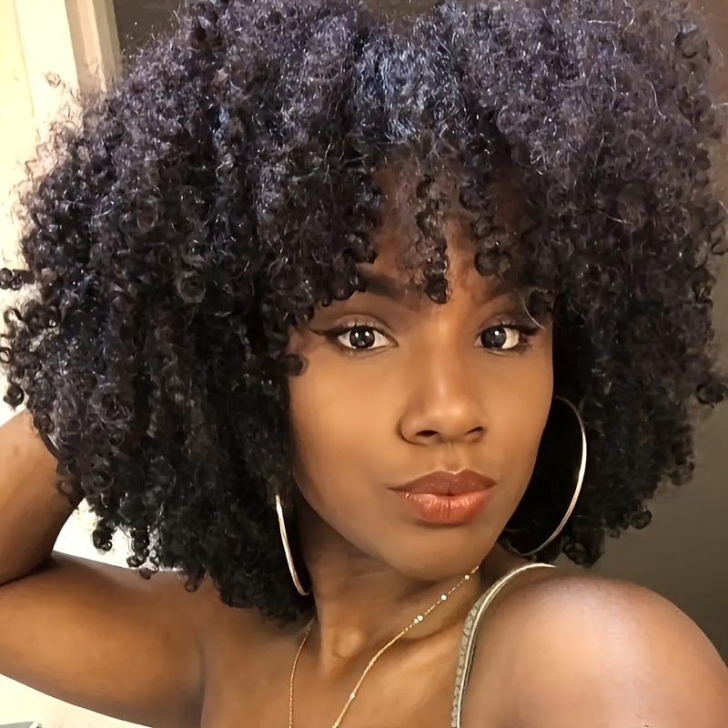 TEMU Perruque Afro en Cheveux Humains avec Frange, Perruque Complète Fabriquée à pour le Crâne, Perruques Afro Brasiliennes Bouclées Colle pour