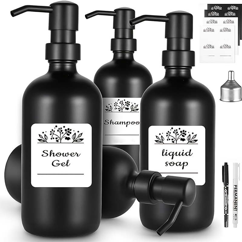 Image of 4pcs Matte Black Pump Bottles (500ml) For Shampoo, Body Wash, And Liquid Soap, Includes Labels, Marker, And Funnel - Modern Accessory For Bathroom Vanity