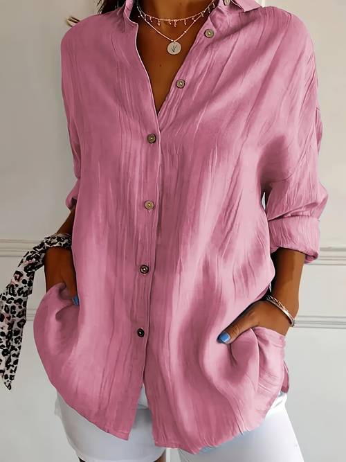 single breasted pleated lapel shirt for women solid color european and american pull up sleeve top