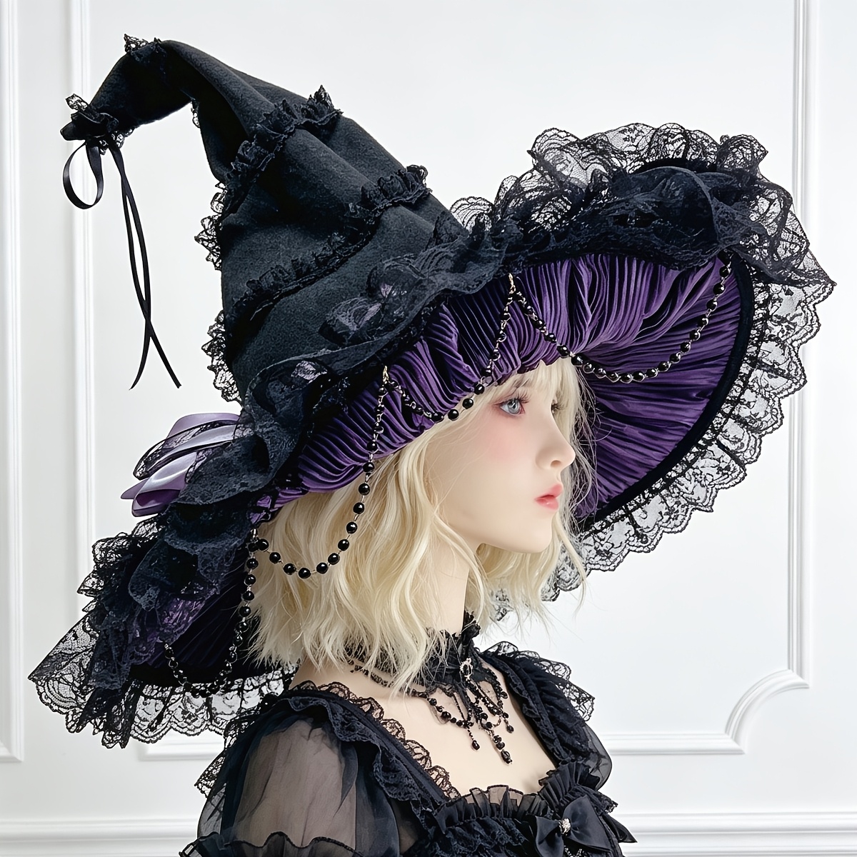 TEMU 1pc Halloween Diy Witch Hat, Gothic Lolita Style Dark Chain Witch Hat Costume, Cosplay Wide Brim Bow Witch Hat Accessory Headwear