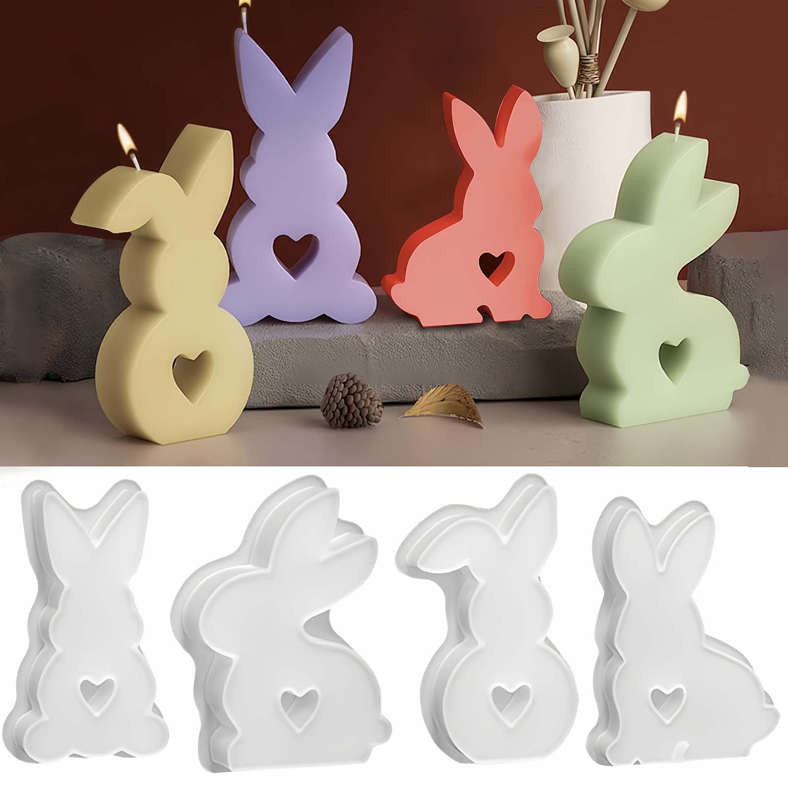 E-shop 4 Stück Liebe-Hase Silikonformen, Liebe-Hase Kerzenformen, -Silikonformen, 3D-Hase Gipsgussformen, -Hase Silikonformen, DIY-Bastelsets für