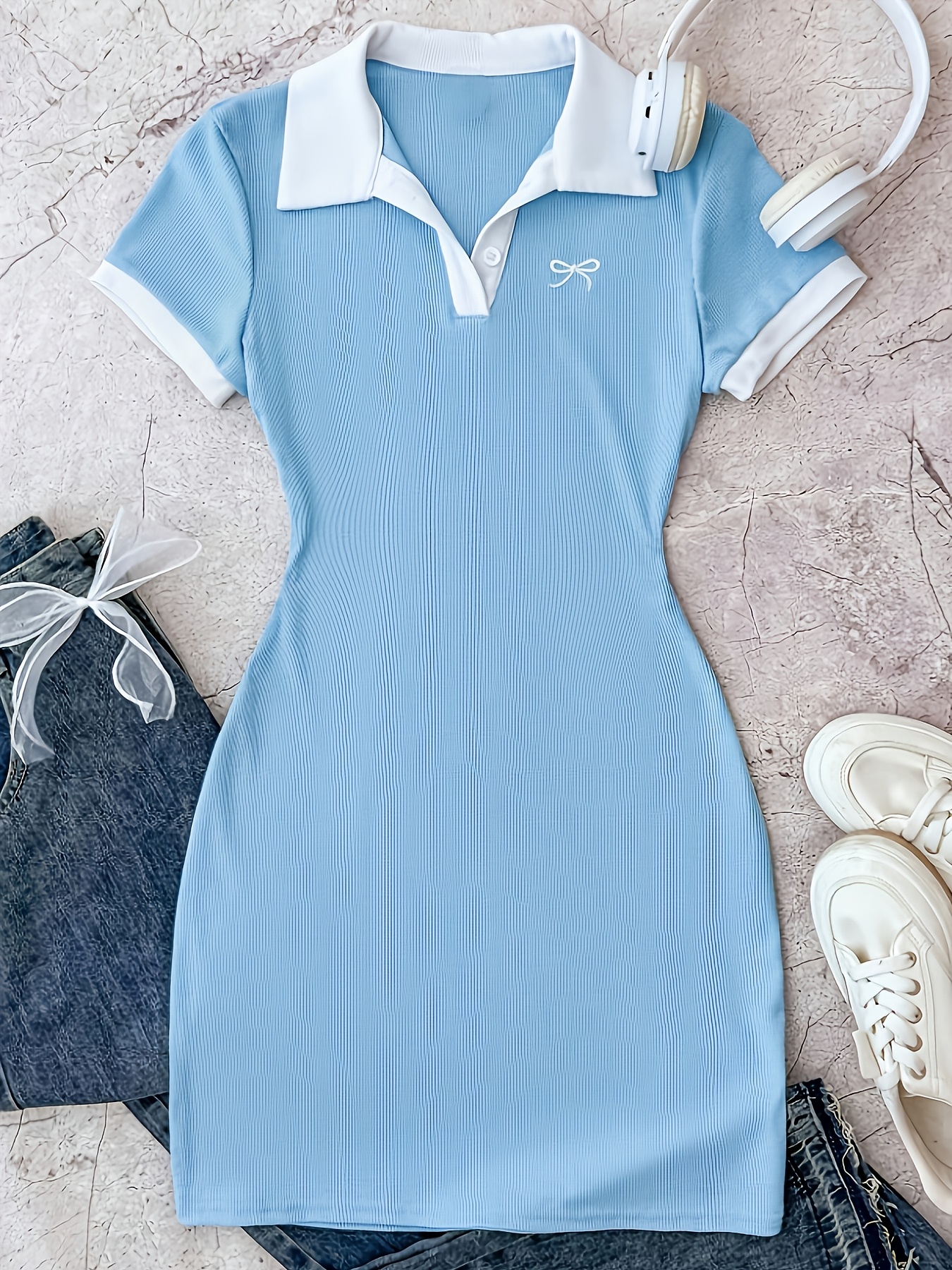 Women's Y2K Collar Bow & colorblock Dress with Collar - Short/medium/ Length Suitable for Parties, Weddings, Casual Attire - Machine Washable Fitted Dress with Bow Embellishment & Color-Block Design - Women's Fashion