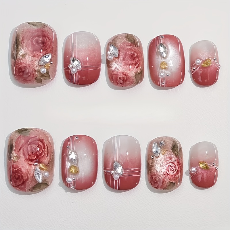 TEMU 30pcs Dragon Watermelon Red Cat Eye False Nails With Watercolor - Glossy, Short Oval, Create A Chic, Vintage Style, Perfect For Weddings And