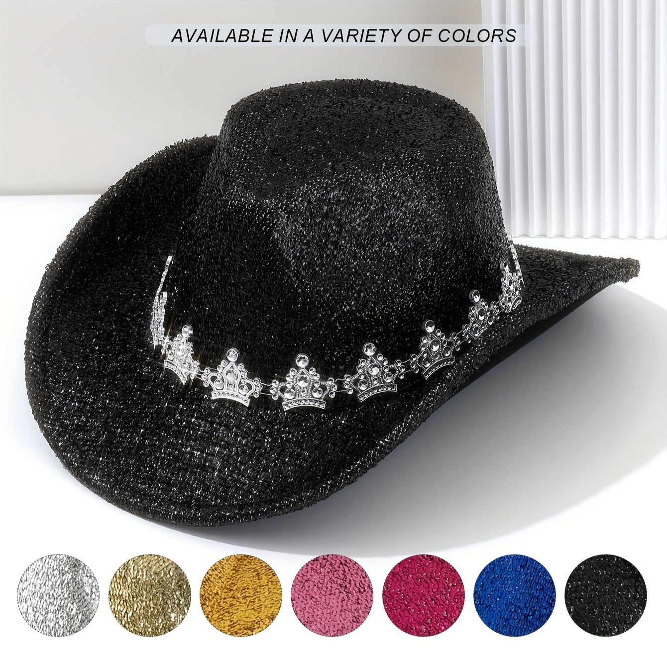 1Pc Women\'s Western Cowboy Hat With Solid Color Water Drop Rhinestone Decor Womens Rhinestone Cowboy Hat Wide Brim Diamond-Glitter  main image 2