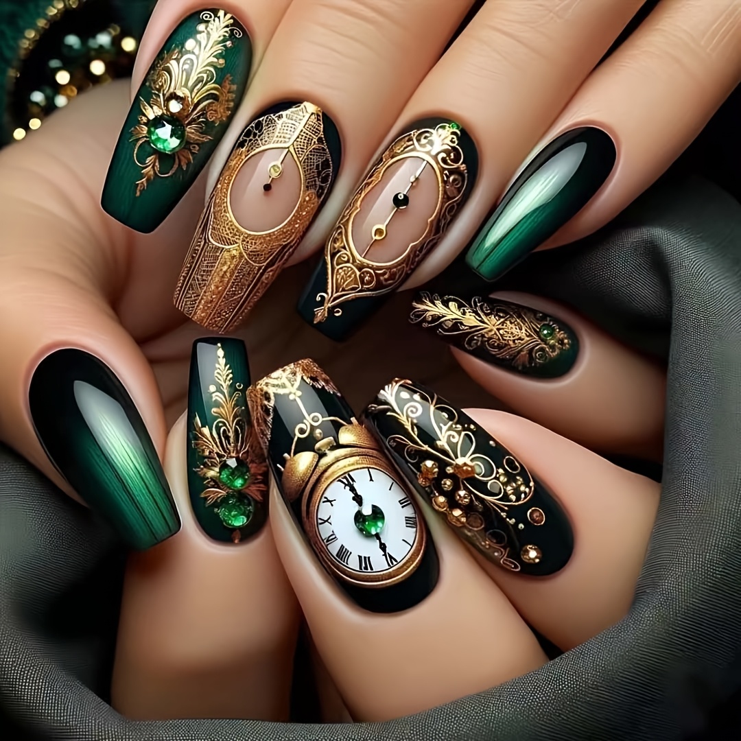 

24pcs Elegant French Ballet Press-on Nails Set, Green Floral & Design With Classic Clock Accents, , Medium Length, Luxurious Green Gemstone , Easy Application With Nail File & Jelly Glue Included