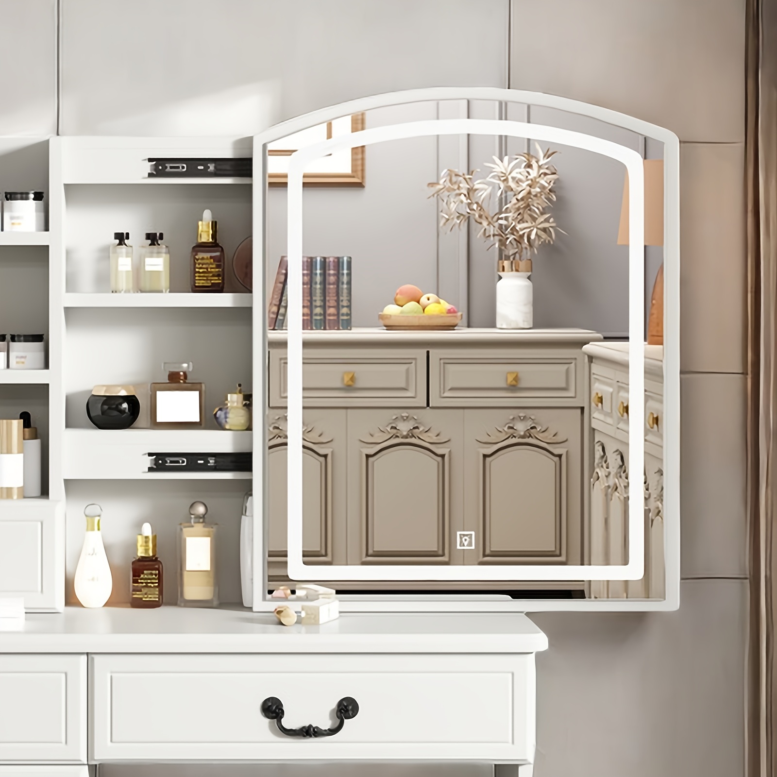 A Sophisticated White Vanity Set Featuring a Sliding Mirror And Stool, Equipped with Four Drawers, Perfect for Upscale Bedrooms in Compact Living Spaces
