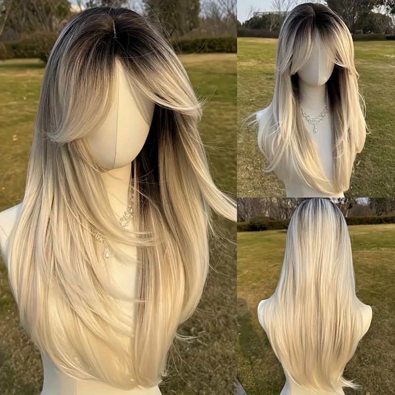 TEMU Stylish 26-inch White Ombre Wig With A-line Bangs - Glue-free Synthetic Hair, & Realistic,, Great For Cosplay, Perfect For Festivals, Parties &