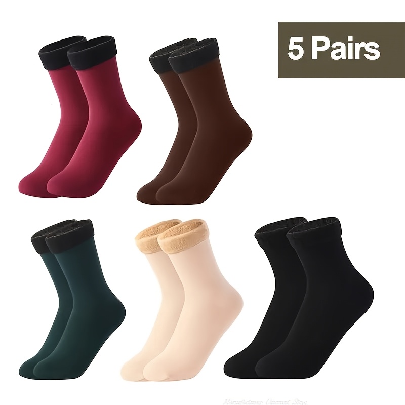 TEMU 5 Pairs Random Winter Snow Socks Women Men Velvet Thickened Medium Tube Solid Color Floor Thermal Floor Sleep Socks