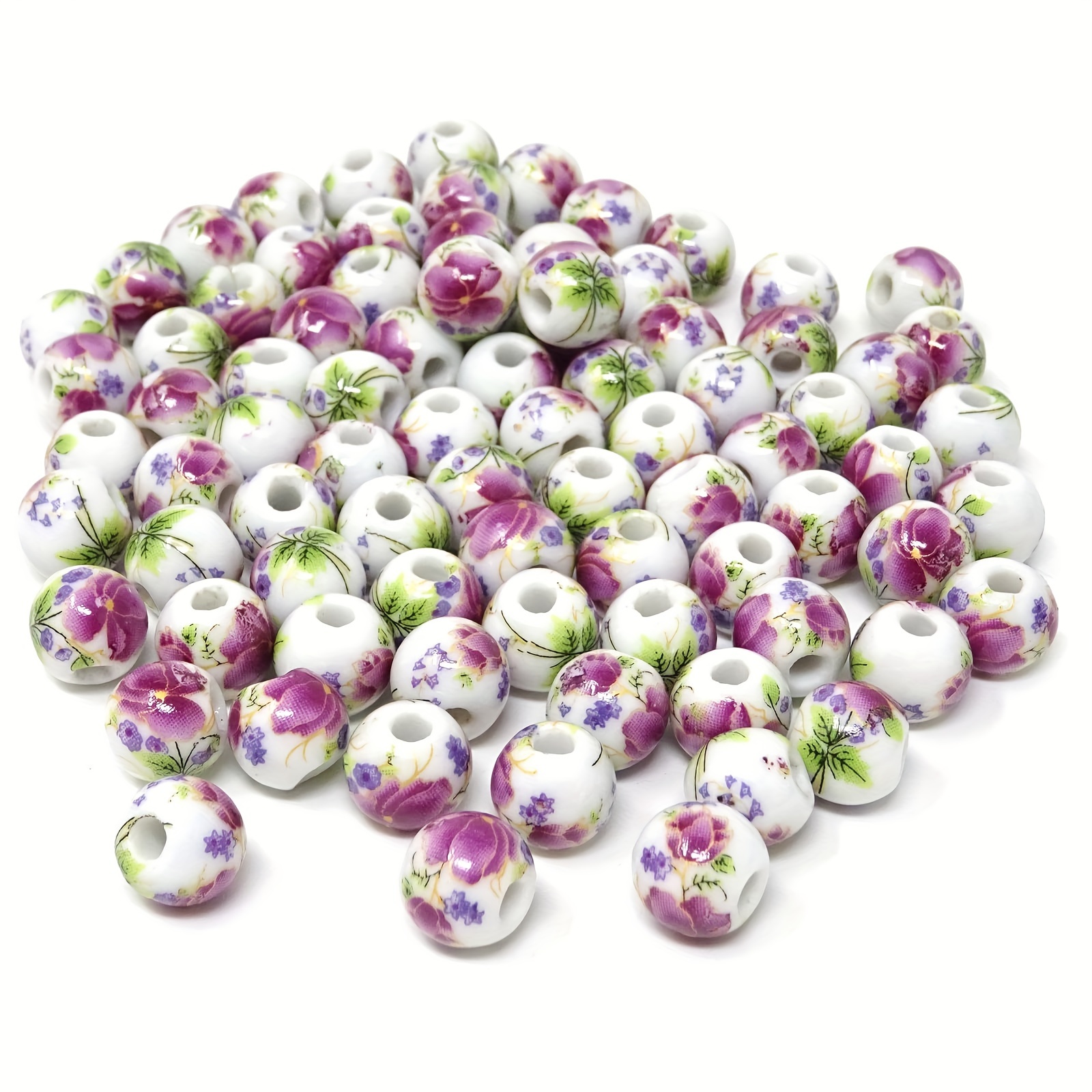 

50 Pcs 10mm Ceramic Beads Handmade Porcelain Flower Round Beads, Spacer Beads, For Making Jewelry And Diy Crafts (purple Peony, Blue Flower)