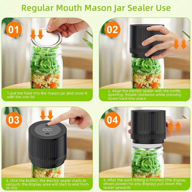   mason jar vacuum sealer electric vacuum sealer for wide mouth and regular mouth mason jars usb rechargeable kitchen restaurant details 5